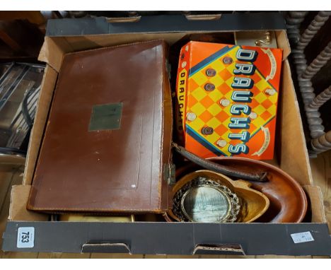 A box containing a quantity of collectable items including wooden bowls, vintage draughts game, etc.