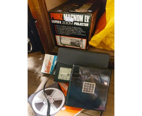 A boxed Prinz Magnon LV 8mm cine projector, Mirage 30 8mm cine camera and splicer, etc.