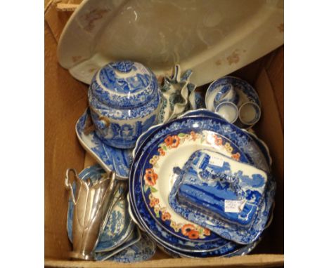 A box containing a quantity of blue and white transfer printed ceramics including Spode Italian butterdish, biscuit barrel, e