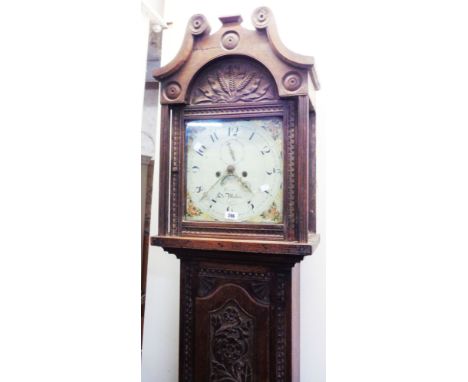 A 19th Century carved oak longcase clock, the 30cm painted square dial with subsidiary seconds dial and date aperture, marked