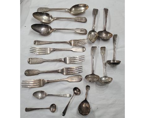 A bag containing a quantity of assorted late Georgian and Victorian silver cutlery including fiddle pattern examples, two sma