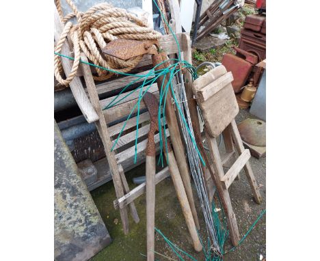 A quantity of old garden tools, rope, weed sprayer, etc.- sold with a folding wooden garden chair and stool