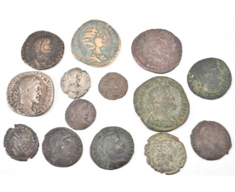 A collection of 14 Roman Imperial coins comprising of a Julia Mamea brass sestertius orichalcum, Julia Domna silver denarius,
