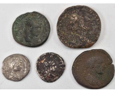 A collection of Roman Imperial coinage from the reign of Caracalla comprising of two silver Denarius together with three sest