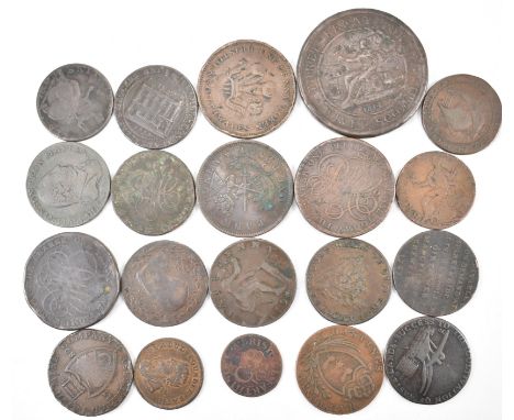 A collection of twenty 18th century and later copper coins comprising of a 1794 Hastings half penny, Upper Canada 1850 Bank T