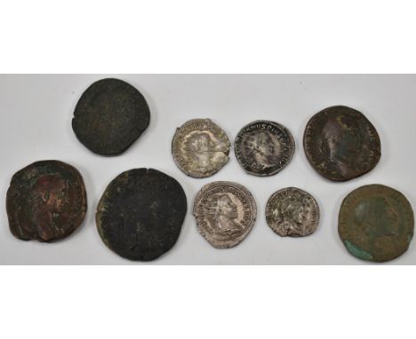 A collection of Roman Imperial coins comprising a Severus Alexander brass sestertius x 5, Severus Alexander silver denarius, 