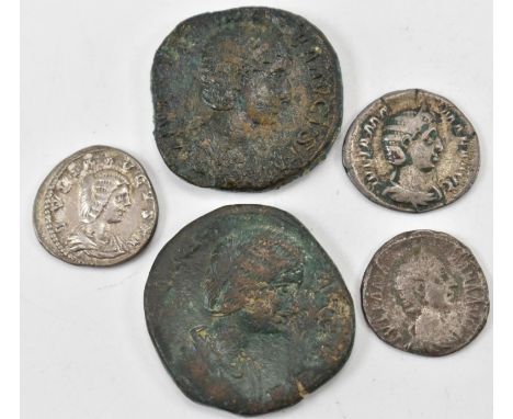 A collection of five Roman Imperial coins comprising of Julia Mamaea silver denarius, Julia Domna Denarius Julia Mamaea seste