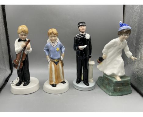 Four Royal Doulton Figurines to include RD I'm Nearly Ready HN2976, RD Stick 'Em Up HN2981, RD Ritz Bell Boy HN2772, and RD W