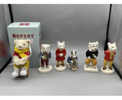 Assorted Rupert Figures to include Steiff Rupert, Algy Pug, Rupert Snowballing, Bill Badger, Pong Ping, and Rupert The Bear. 