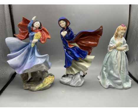 Three Figurines to include Royal Doulton Sophie HN3257, Royal Doulton May HN2746, and Royal Worcester Sweet Anne 3630. 
Good 