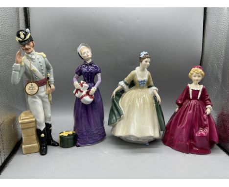 Three Royal Doulton Figurines to include RD Morning Ma'am HN2895, RD Good Day Sir HN2896, RD Elegance HN2264, and Royal Worce