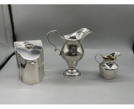 HM Silver Tea Caddy, and Two HM Silver Jugs. 
Total weight 259gr. 