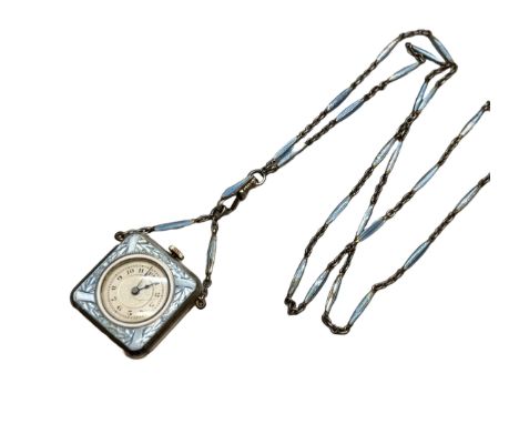 A silver and blue guilloche enamel chain with gilt pendant fob watch, engraved monogram to case back, 27mm including crown, 5
