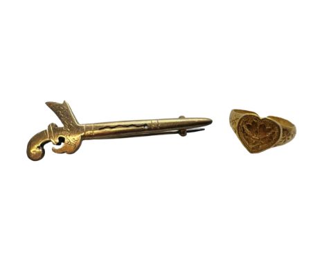 A yellow metal ring with Oriental control marks, 2.9g, F/G, together with a brooch in the form of a dagger 4.4cm