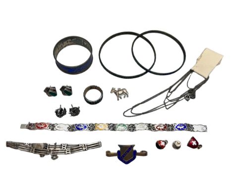 A collection of silver jewellery, 26g, two enamelled bangles, a napkin ring, etc.