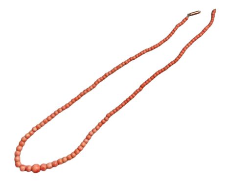 A coral necklace with a 9ct gold clasp, requires repair, 8.3g, 41cm