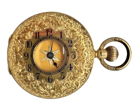 An 18ct gold half hunter fob watch with enamelled numerals, engraved case and monogram, the movement signed W. Gibson &amp; C