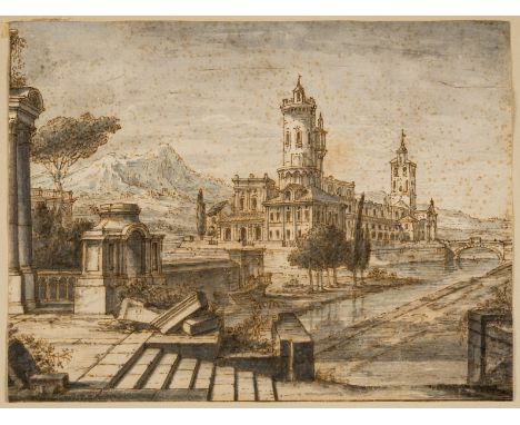 Giovanni Francesco Costa (1711-1772), Circle of.An architectural capriccioPen and brown ink with monochrome wash, on thick la