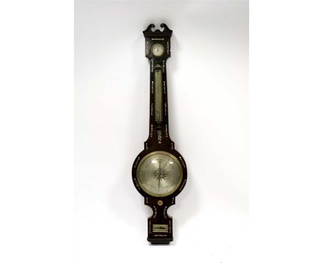 A Victorian rosewood veneered aneroid banjo wall barometer, with case with intricate cut mother-of-pearl inlaid decoration, t