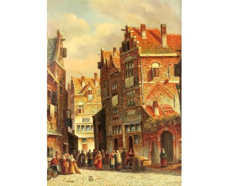 Steenhouwer (20th century), Busy Dutch street scene, signed lower left, oil on panel, 38 x 29cm