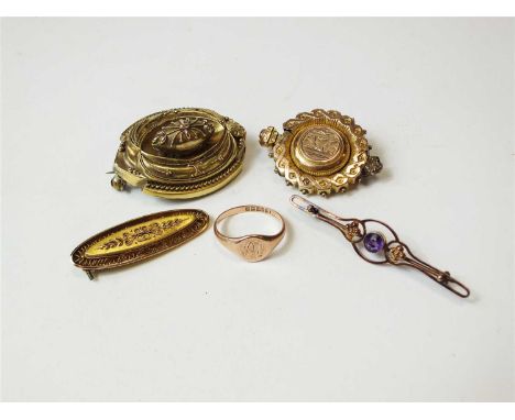 Two Victorian yellow metal locket brooches, together with a yellow metal bar brooch, a 9ct gold signet ring and an amethyst s