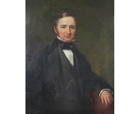 English school, mid 19th century, Portrait of a gentleman, half length, wearing a black jacket and a portrait of a lady weari