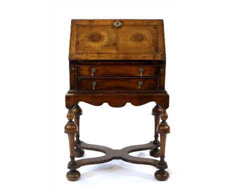A good quality reproduction Queen Anne ladies walnut writing desk / bureau, the falling front in well matched oystered veneer