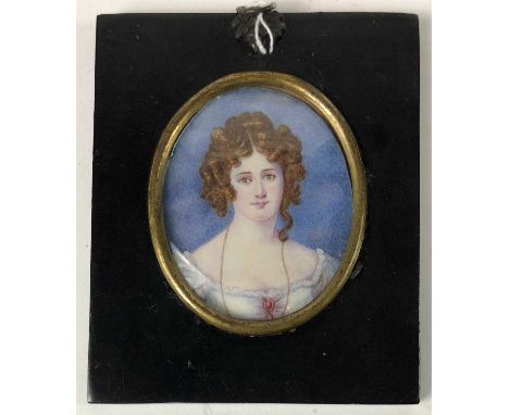 English school, early 19th century, Portrait miniature of Mrs Croker, Head and shoulders wearing a white dress, watercolour o