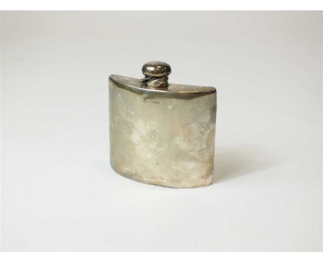 A silver hip flask, marks rubbed, of plain polished demi-lune form, with hinged cap, weight approx 3.7oz