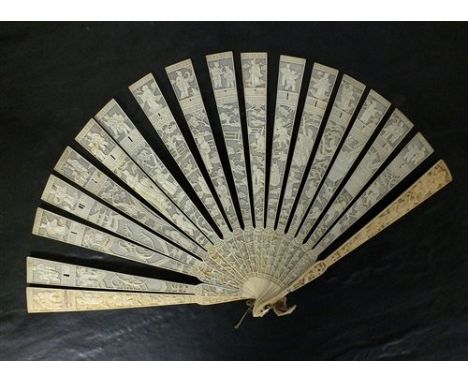 A Canton carved ivory brise fan, Qing dynasty, early 19th century, the sixteen leaves centred by a monogram 'EC' in shield ca