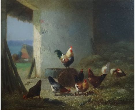 Cornelius Van Leemputten (1841-1902), Cockrell and hens in a barn, signed lower left, oil on panel, 24.5 x 30cm