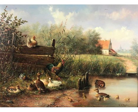 Fayern (20th century), Wild fowl beside a river, signed, oil on panel, 29 x 39cm