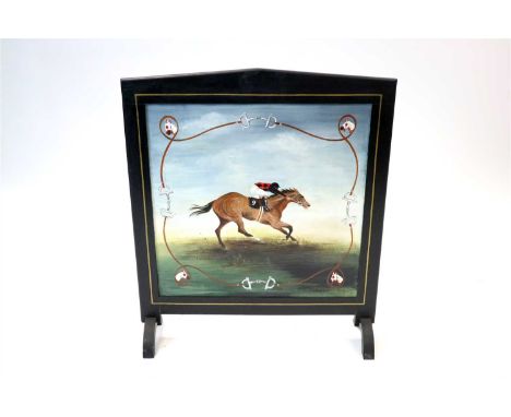 A decorative hand-painted wooden fire screen, the central board decorated with a horse and jockey in full gallop, no.9 in red