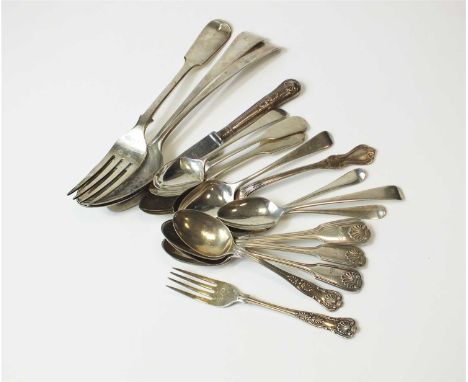 A pair of Old English pattern silver tablespoons, London 1832, together with a Fiddle pattern silver table fork, four silver 