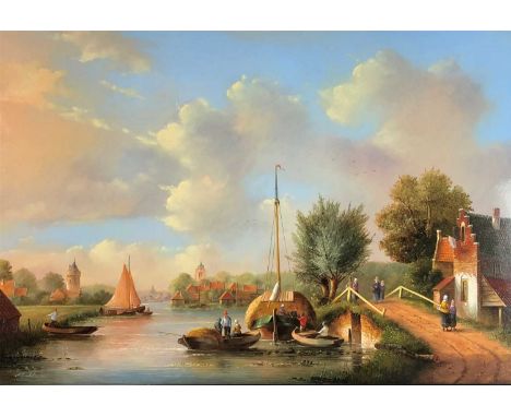 Herkelmann (20th century), Summer canal scene, signed, oil on panel, 38 x 58cm