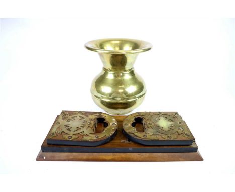 A Victorian veneered brass mounted sliding book trough, the pierced arched plates on a sliding block, 35cm long (closed) toge