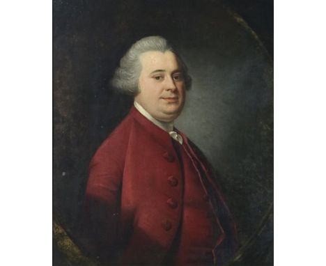 English school, late 18th century, Portrait of a gentleman, half length wearing a red top coat, in a painted oval, 75 x 61cm 