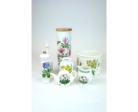A collection of Portmeirion Botanic Garden comprising vinegar and oil dispensers, salt and pepper, storage jars, a teaspoon s