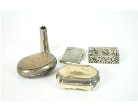 An embossed silver box with figural decoration, Chester 1901, together with an oval silver tobacco box, a silver dressing tab