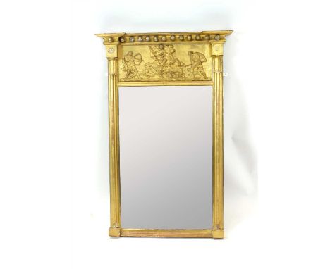 A 19th century gilt framed pier mirror, the central glass below a relief moulded panel decorated with classically modelled fi