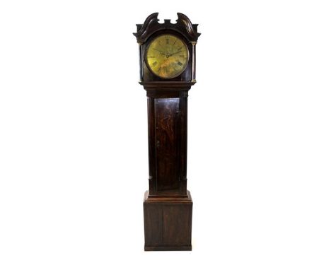 A George III cross banded oak cased longcase clock, the broken arch pediment above an arched door with round glass between tu