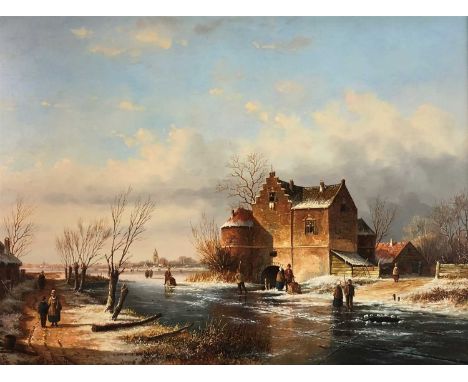 De Vries (20th century), Frozen Dutch river in mid winter, signed lower left, oil on panel, 29 x 38cm