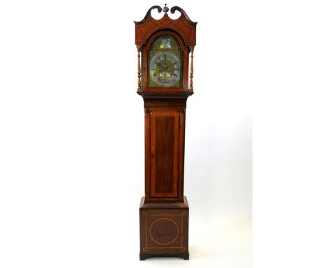 A George III mahogany and satinwood cross banded and box wood and ebony strung longcase clock, the broken scroll swan neck pe