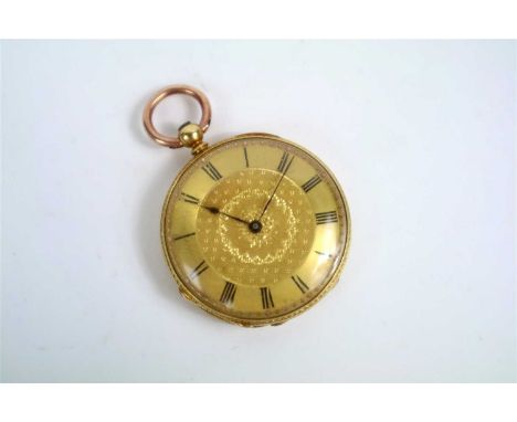 Yellow Metal Key-Set Stauffer Fob Watch, Stamped 18k, with Fine Engine Turning, Engraving and Enamelling to the Caseback.
