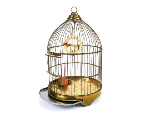 An early 20th century polished brass songbird cage, composed of vertical wire work united by riveted horizontal bands, of typ