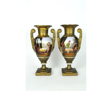 A pair of French porcelain twin handled vases circa 1820-40 each painted with rectangular panels of Roman soldiers and female
