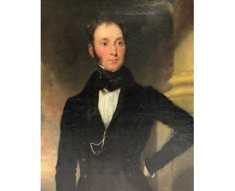 English school, 19th century, portrait of a gentleman, half length wearing a black jacket and stock, oil on canvas, 43 x 34cm