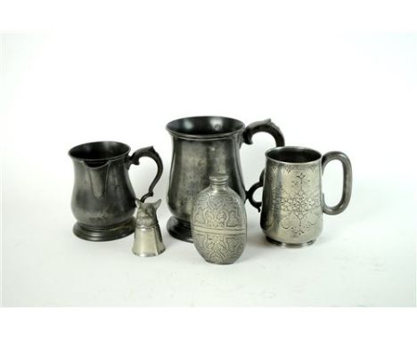 A collection of pewter drinking vessels and measures etc comprising ten mugs and measures, two handles cup, three stirrup cup