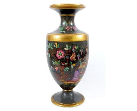 A French porcelain vase, probably Limoges late 19th/early 20th century, decorated in polychrome with Chinese landscape and se