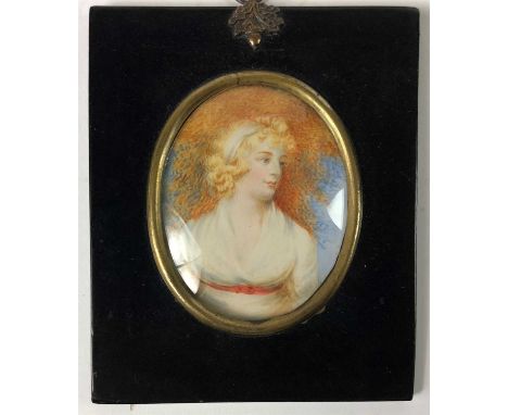 British school, early 19th century, Portrait miniture of the Countess of Euston, half length wearing a white dress and red sa